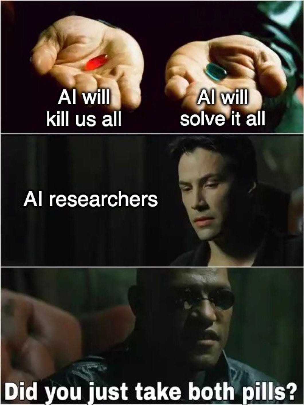 This meme is a play on the iconic scene from the movie "The Matrix" where Neo chooses between a red pill and a blue pill. The meme is modified to replace the red pill with "AI will kill us all" and the blue pill with "AI will solve all our problems". The text "AI will kill us all" and "AI will solve it all" are in the top image, while the bottom image shows Neo with a concerned expression, saying "I just took both pills". The meme is humorous because it implies that the person has taken both pills, which is impossible, and is now confused about the outcome.